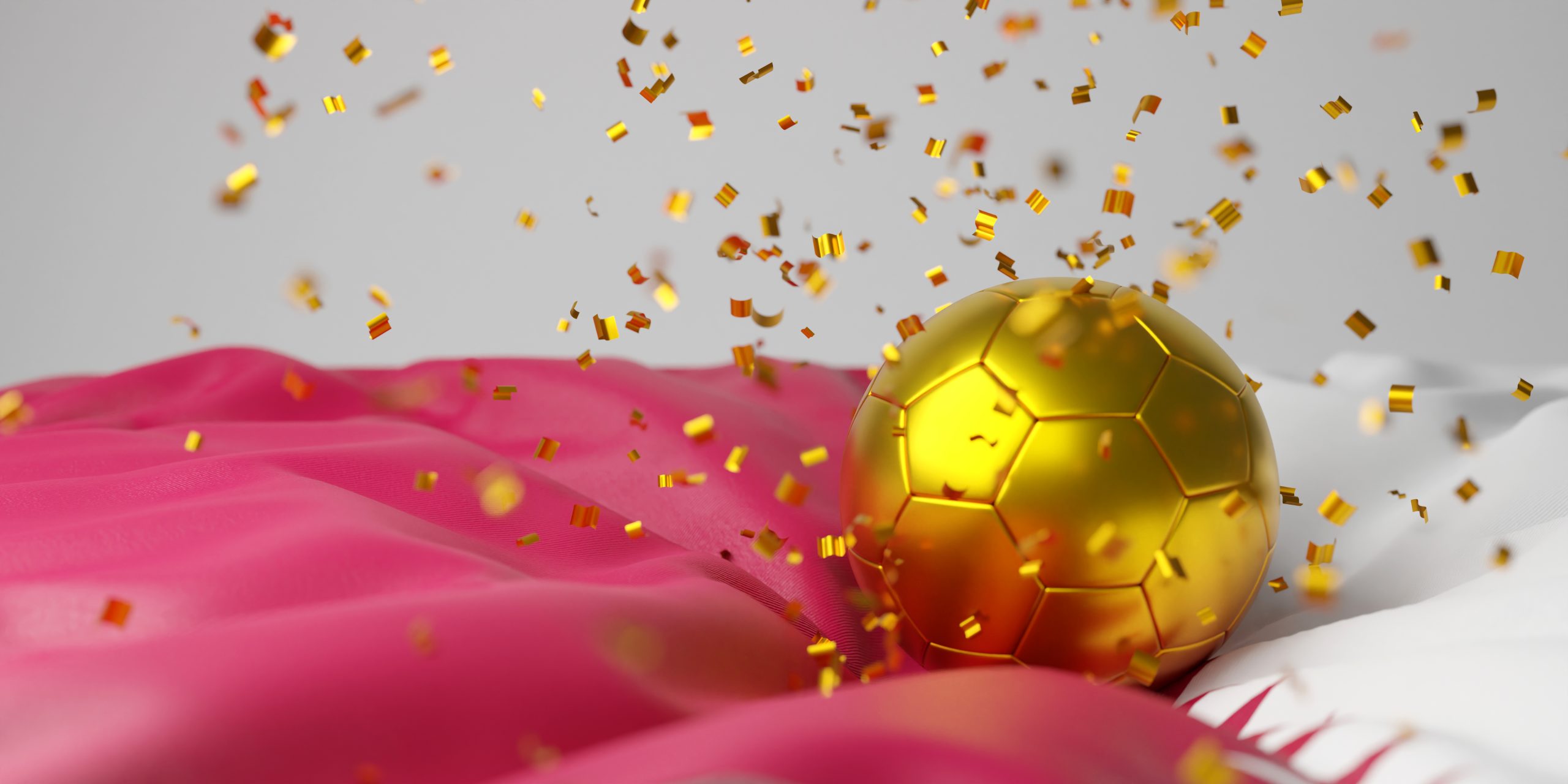 Qatar flag with confetti and golden soccer ball 3d illustration